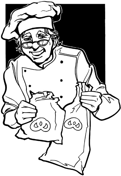 Chef with bags of pretzels vinyl sticker. Customize on line.     Bakers  007-0101  